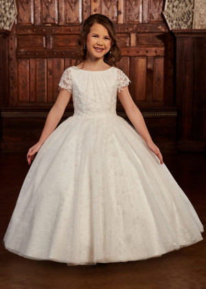 Short Sleeves Ivory Lace Glitter Tulle Latest Flower Girl Dress